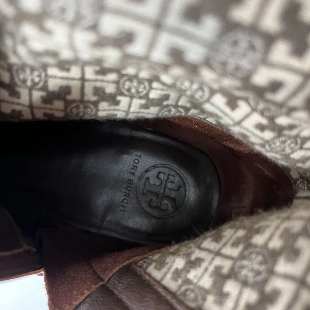 Tory Burch Kiernan Boots Size 7.5 Womens Brown Western Leather Riding Gold Logo